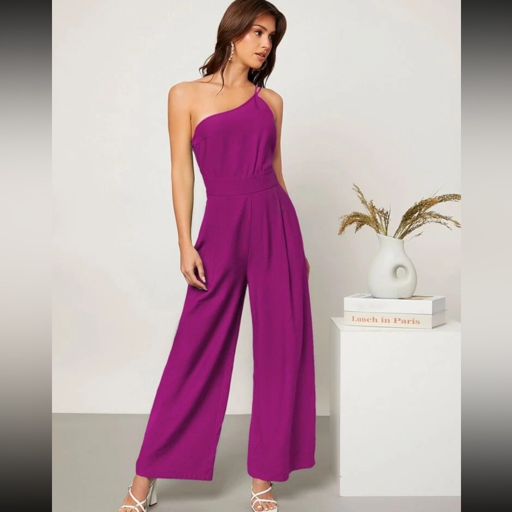 Pink One Shoulder Wide Leg Jumpsuit (6) Medium